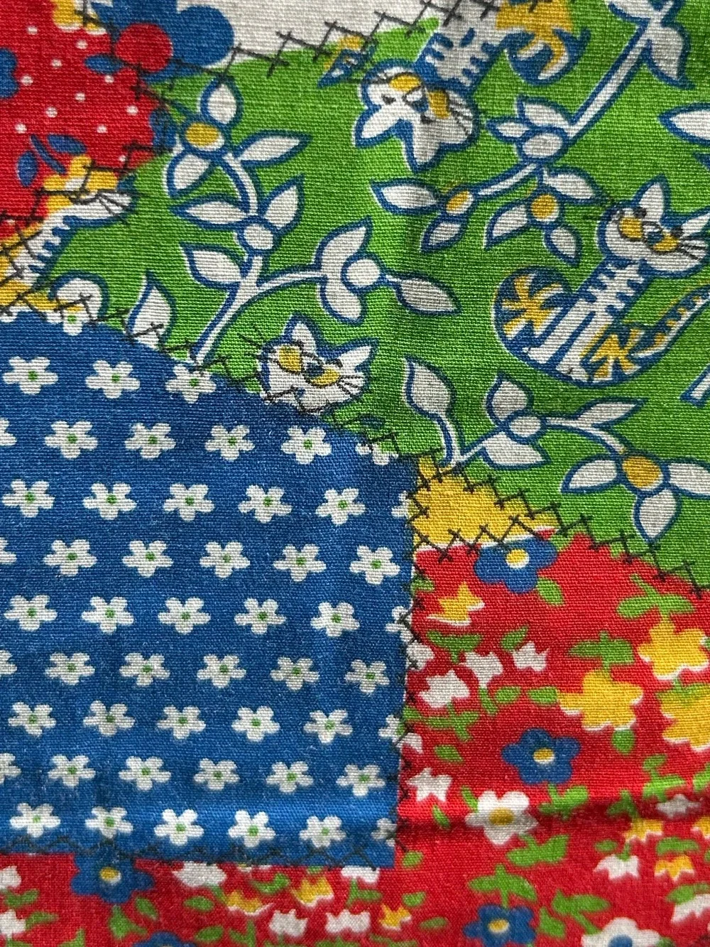 Vintage Quilt Handmade Patchwork Cat Blanket Bedspread Multicolor 82x100 As Is